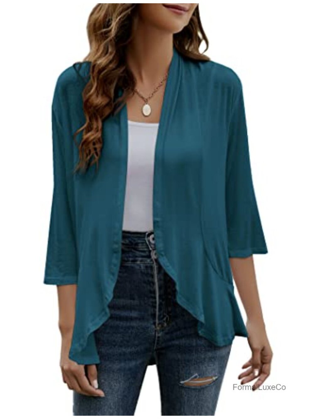 Women Lightweight Open Front 3/4 Sleeve Draped Cardigan Ruffle Detail